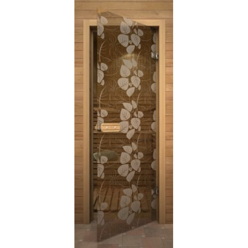 Стеклянные двери для бани и сауны Арт-серия с рисунком «Глассджет» Белые листья