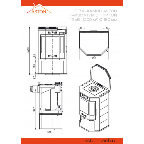Печь-Камин ASTON 12 кВт (200 м3) Призматик с плитой (Пироксенит Элит) (Астон)