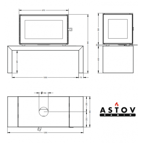 Печь-камин КУБ 3С 800 на подиуме АСТОВ (Astov)